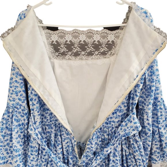 Prairie Cottage Core Maxi Dress Blue & White Floral Poet Sleeve Women's Med - Picture 7 of 11